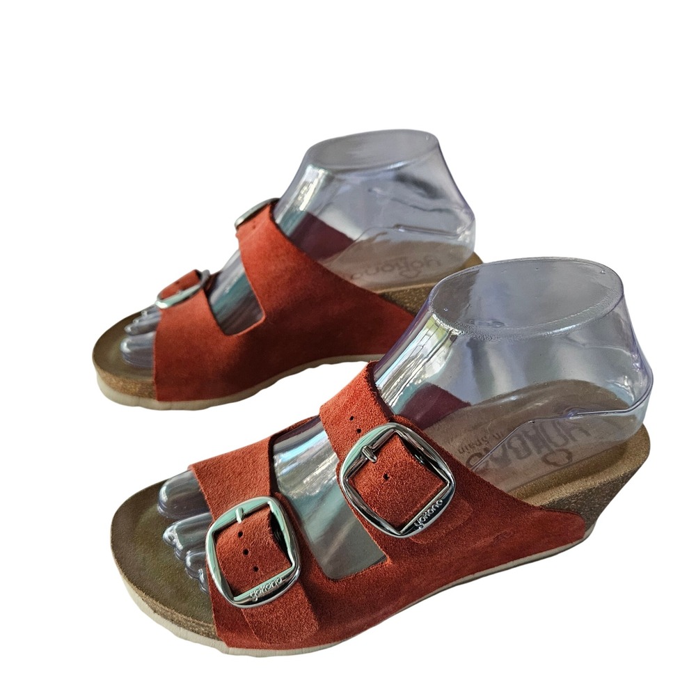 Yokono Ibiza Women's 6.5 Rust Orange Suede Double Buckle Cork Wedge Sandals - Picture 3 of 8